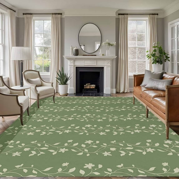 Rectangle Area Rugs 5 x 8 Ft, Sage Green Floral Non-Slip Residential Carpet, Spring Flowers Indoor Crawling Mats Runner Rugs for Living Room/Dining Room/Bedroom