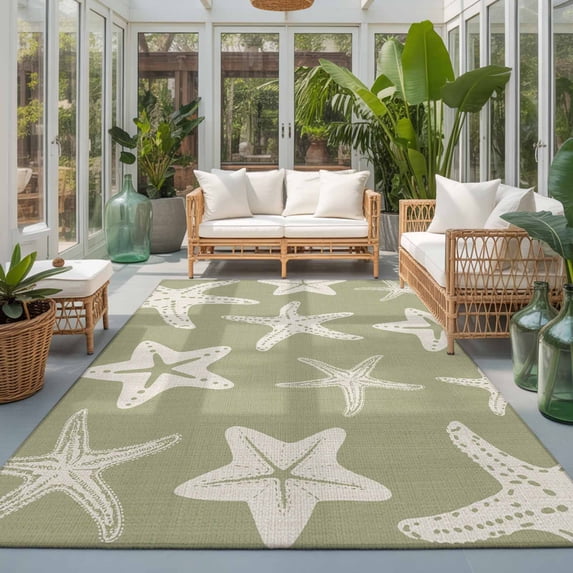 Rectangle Area Rugs 5 x 8 Ft, Sage Green Starfish Coastal Non-Slip Residential Carpet, Nautical Summer Ocean Abstract Art Indoor Crawling Mats Runner Rugs for Living Room/Dining Room/Bedroom