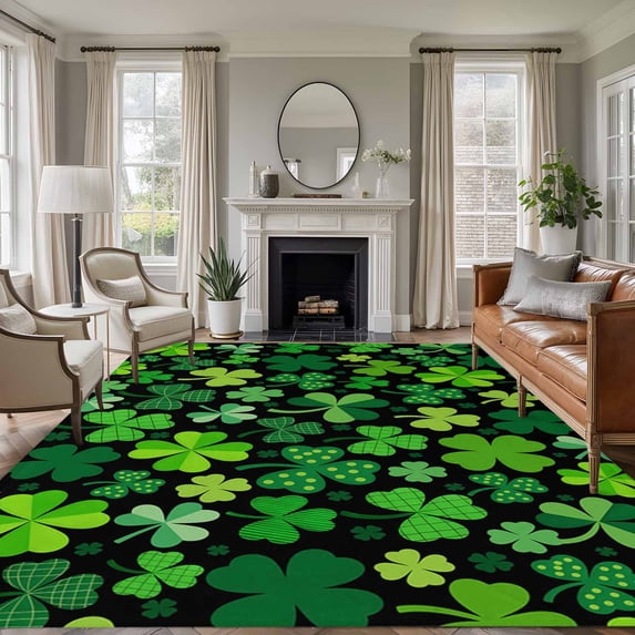 Rectangle Area Rugs 5 x 8 Ft, Saint Patrick's Day Non-Slip Residential Carpet, Spring Farmhouse Botanical Clovers Indoor Crawling Mats Runner Rugs for Living Room/Dining Room/Bedroom