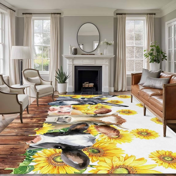 Rectangle Area Rugs 5 x 8 Ft, Sunflowers Farm Animals Non-Slip Residential Carpet, Vintage Wooden Animals Indoor Crawling Mats Runner Rugs for Living Room/Dining Room/Bedroom
