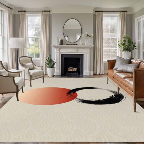 Rectangle Area Rugs 6 x 9 Ft, Abstract Art Sun Non-Slip Residential Carpet, Modern Art Orange Round Rustic Indoor Crawling Mats Runner Rugs for Living Room/Dining Room/Bedroom