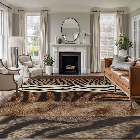 Rectangle Area Rugs 6 x 9 Ft, Animals Printed Striped Non-Slip Residential Carpet, Rustic Country Zebra Textured Indoor Crawling Mats Runner Rugs for Living Room/Dining Room/Bedroom