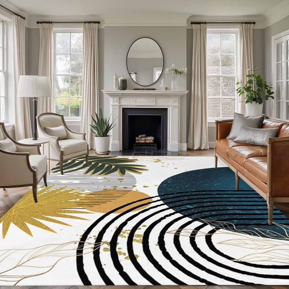 Rectangle Area Rugs 6 x 9 Ft, Boho Middle Century Non-Slip Residential Carpet, Navy Blue Yellow Abstract Sun Modern Indoor Crawling Mats Runner Rugs for Living Room/Dining Room/Bedroom
