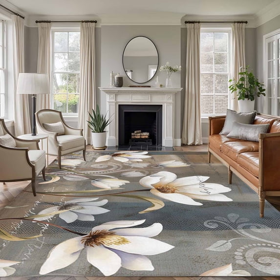 Rectangle Area Rugs 6 x 9 Ft, Brown Grey Floral Non-Slip Residential Carpet, Spring Summer Botanical Vintage Indoor Crawling Mats Runner Rugs for Living Room/Dining Room/Bedroom