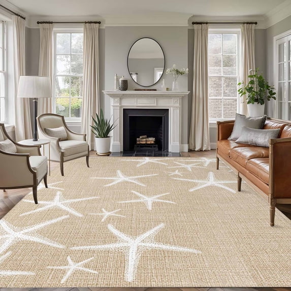 Rectangle Area Rugs 6 x 9 Ft, Coastal Starfish Non-Slip Residential Carpet, Summer Ocean Waves Ombre Sea Beige Indoor Crawling Mats Runner Rugs for Living Room/Dining Room/Bedroom