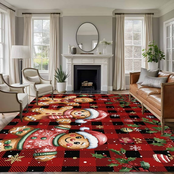 Rectangle Area Rugs 6 x 9 Ft, Gingerbread Christmas Non-Slip Residential Carpet, Xmas Balls Branches Red Buffalo Plaid Indoor Crawling Mats Runner Rugs for Living Room/Dining Room/Bedroom