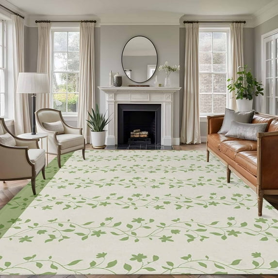 Rectangle Area Rugs 6 x 9 Ft, Green Floral Non-Slip Residential Carpet, Spring Flowers Indoor Crawling Mats Runner Rugs for Living Room/Dining Room/Bedroom