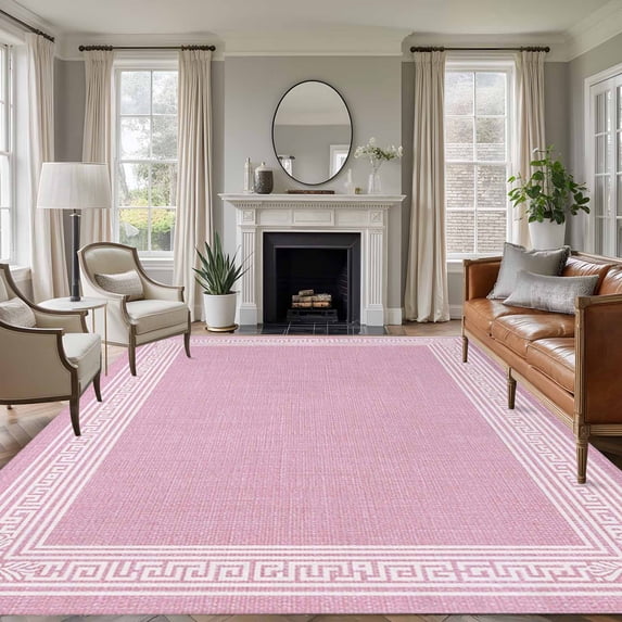 Rectangle Area Rugs 6 x 9 Ft, Pink Retro Greek Key Non-Slip Residential Carpet, Geometric Greece Ancient Rustic Indoor Crawling Mats Runner Rugs for Living Room/Dining Room/Bedroom