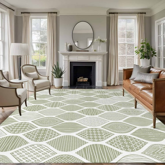 Rectangle Area Rugs 6 x 9 Ft, Sage Green Geometric Non-Slip Residential Carpet, Moroccan Chic Abstract Plaid Art Indoor Crawling Mats Runner Rugs for Living Room/Dining Room/Bedroom