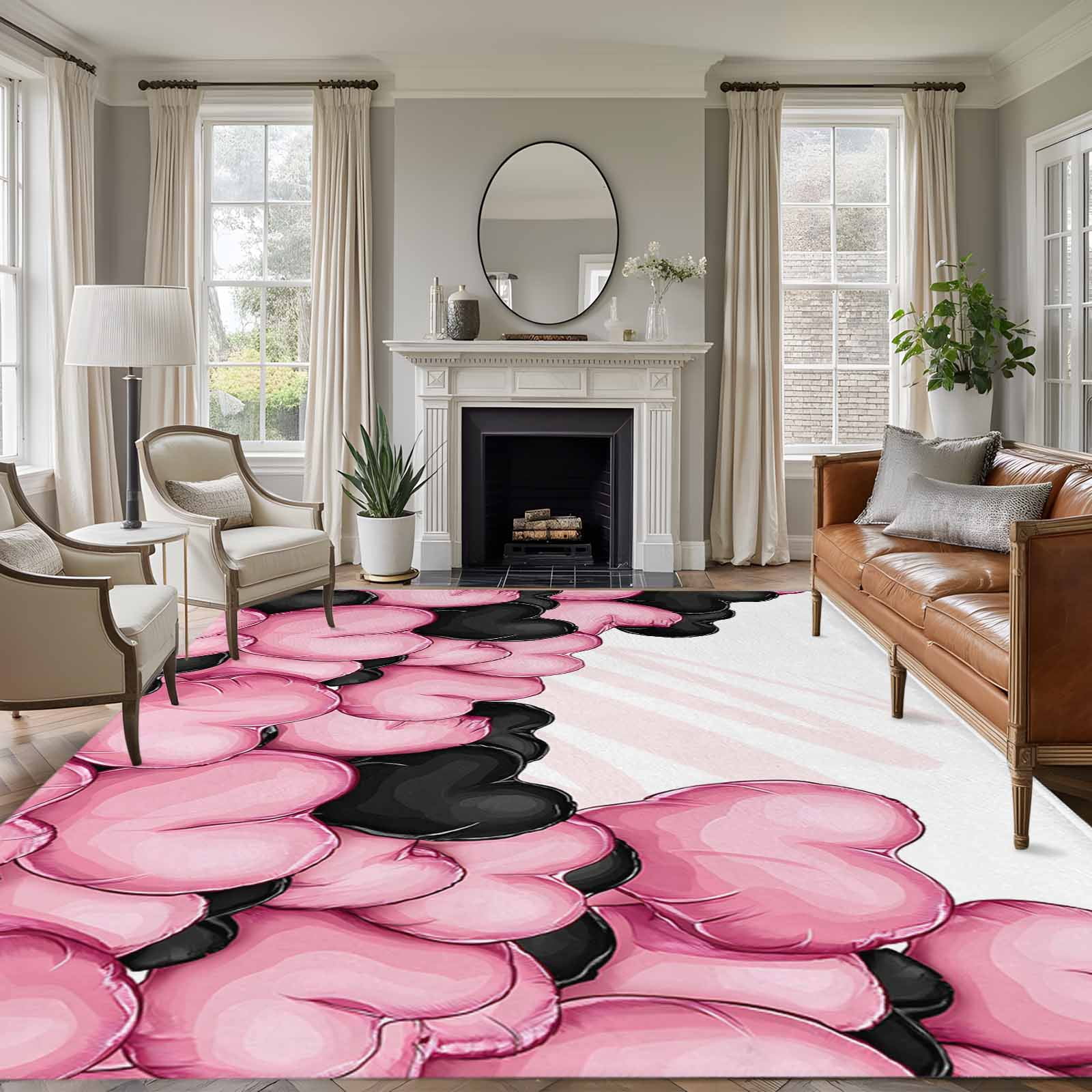 Rectangle Area Rugs 6 x 9 Ft, Valentine's Day Non-Slip Residential Carpet, Romantic Love Heart Ballons Pink and Black Indoor Crawling Mats Runner Rugs for Living Room/Dining Room/Bedroom