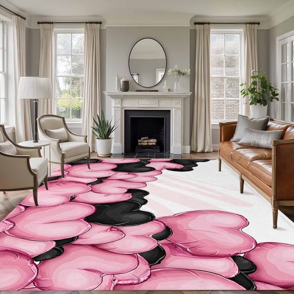 Rectangle Area Rugs 6 x 9 Ft, Valentine's Day Non-Slip Residential Carpet, Romantic Love Heart Ballons Pink and Black Indoor Crawling Mats Runner Rugs for Living Room/Dining Room/Bedroom