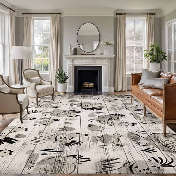 Rectangle Area Rugs 6 x 9 Ft, Vintage Rooster Farmhouse Non-Slip Residential Carpet, Grey Wooden Farm Animals Striped Indoor Crawling Mats Runner Rugs for Living Room/Dining Room/Bedroom