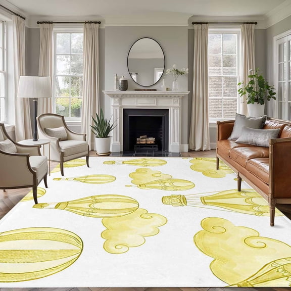 Rectangle Area Rugs 6 x 9 Ft, Yellow Hot Air Balloon Non-Slip Residential Carpet, Modern Balloon Float Clouds Indoor Crawling Mats Runner Rugs for Living Room/Dining Room/Bedroom