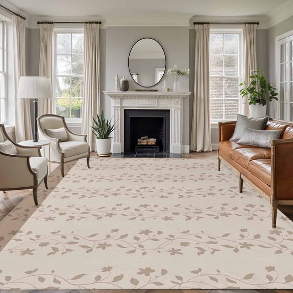 Rectangle Area Rugs 8 x 10 Ft, Beige Pink Floral Non-Slip Residential Carpet, Spring Flowers Indoor Crawling Mats Runner Rugs for Living Room/Dining Room/Bedroom