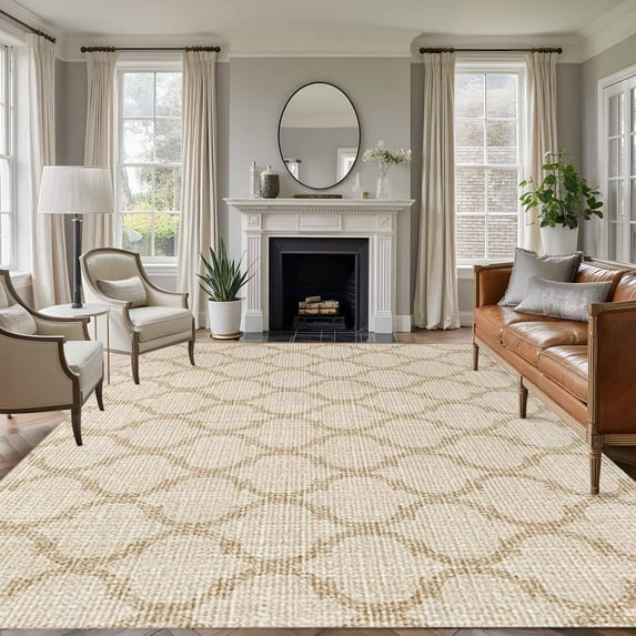 Rectangle Area Rugs 8 x 10 Ft, Boho Moroccan Non-Slip Residential Carpet, Vintage Morocco Quatrefoil Geometric Indoor Crawling Mats Runner Rugs for Living Room/Dining Room/Bedroom
