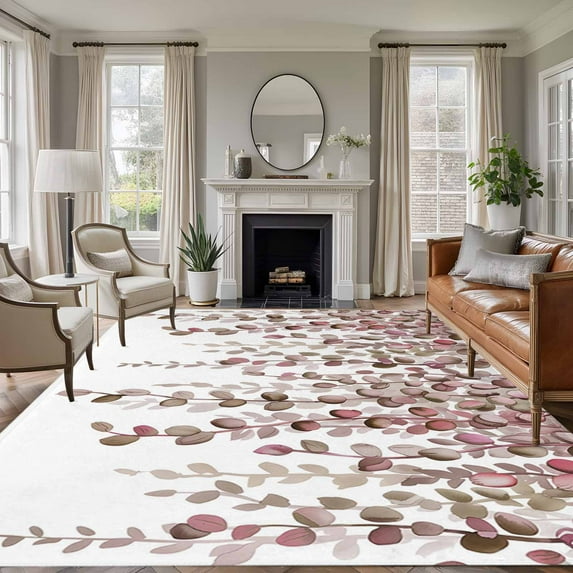 Rectangle Area Rugs 8 x 10 Ft, Brown Eucalyptus Leaves Non-Slip Residential Carpet, Spring Leaves Plants Country Indoor Crawling Mats Runner Rugs for Living Room/Dining Room/Bedroom