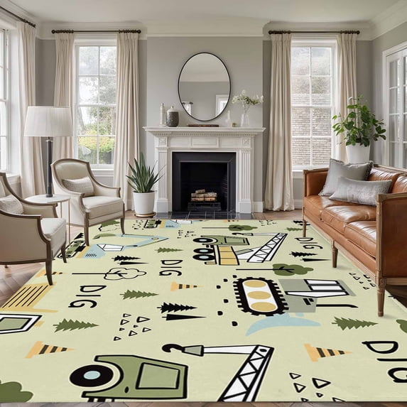Rectangle Area Rugs 8 x 10 Ft, Cartoon Tractor Non-Slip Residential Carpet, Cute Green Digger Shovel Truck Rustic Indoor Crawling Mats Runner Rugs for Living Room/Dining Room/Bedroom