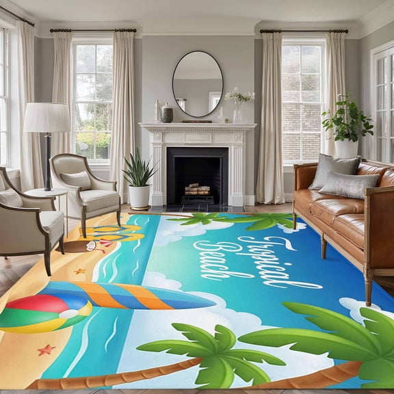 Rectangle Area Rugs 8 x 10 Ft, Coastal Beach Non-Slip Residential Carpet, Summer Tropical Ocean Waves Sky Teal Blue Indoor Crawling Mats Runner Rugs for Living Room/Dining Room/Bedroom