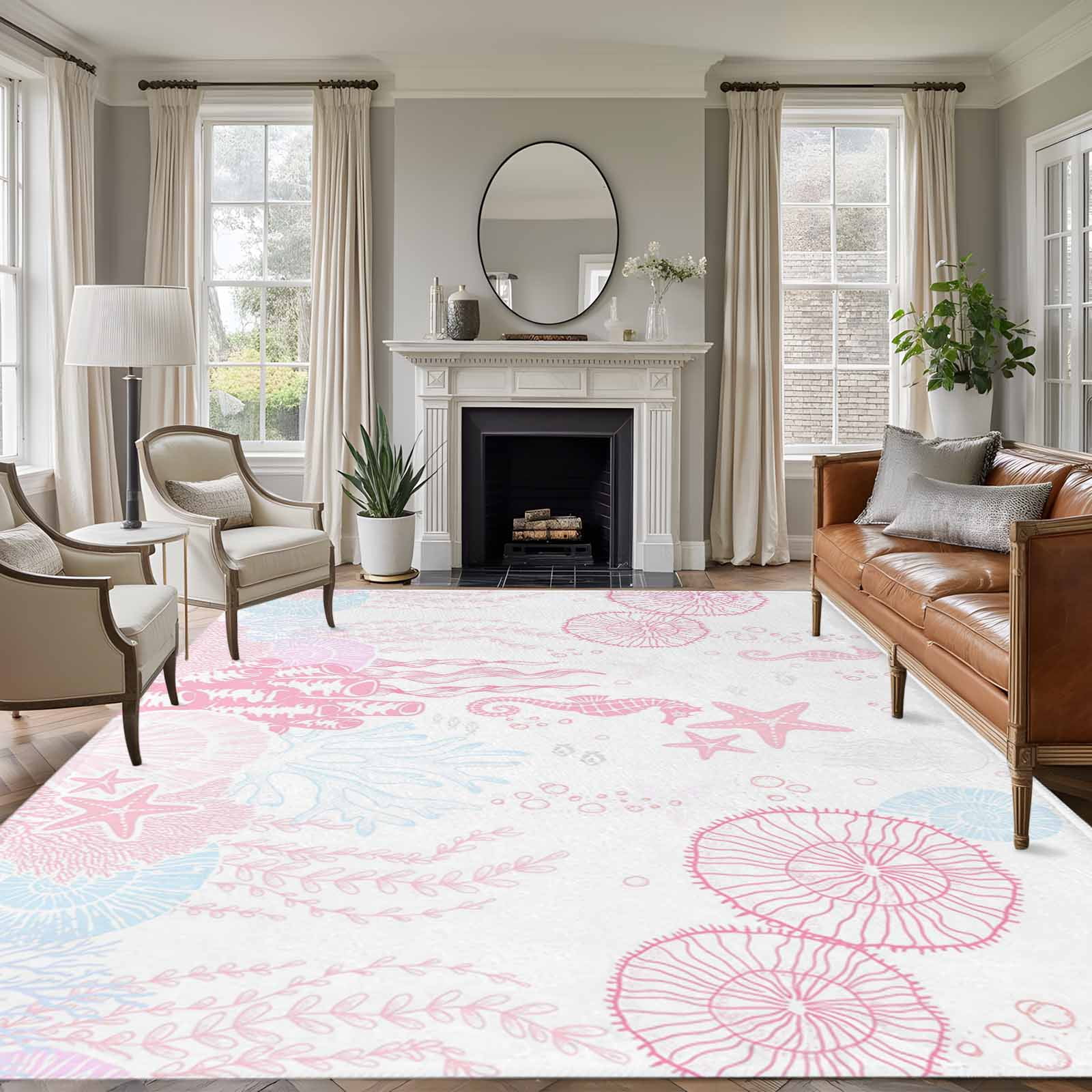 Rectangle Area Rugs 8 x 10 Ft, Coastal Pink Non-Slip Residential Carpet, Ocean Coral Starfish Jellyfish Seahorse Indoor Crawling Mats Runner Rugs for Living Room/Dining Room/Bedroom