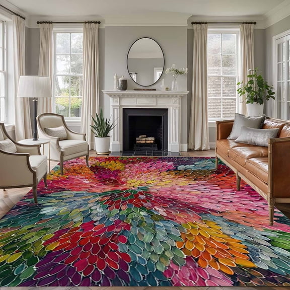 Rectangle Area Rugs 8 x 10 Ft, Colorful Dahlia Non-Slip Residential Carpet, Spring Flowers Modern Abstract Art Indoor Crawling Mats Runner Rugs for Living Room/Dining Room/Bedroom