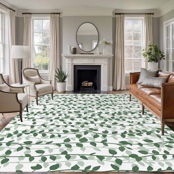 Rectangle Area Rugs 8 x 10 Ft, Green Ivy Leaves Non-Slip Residential Carpet, Spring Plants Botanical Modern Country Indoor Crawling Mats Runner Rugs for Living Room/Dining Room/Bedroom