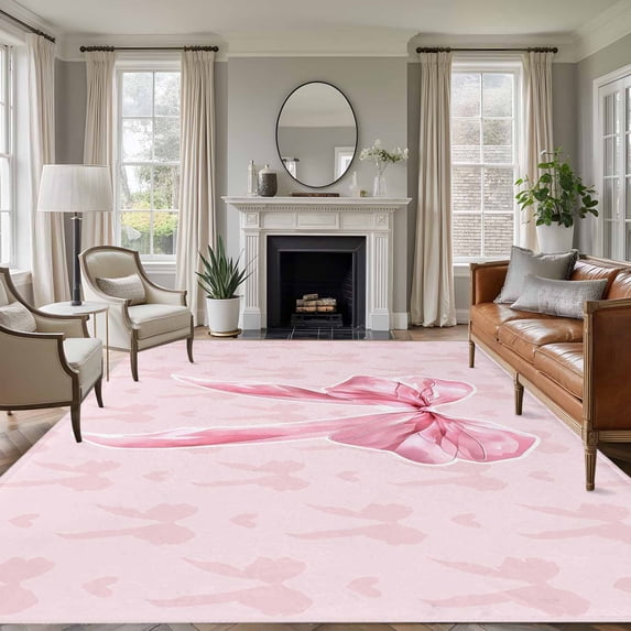 Rectangle Area Rugs 8 x 10 Ft, Pink Bow Non-Slip Residential Carpet, Cute Watercolor Girls Cartoon Luxury Indoor Crawling Mats Runner Rugs for Living Room/Dining Room/Bedroom