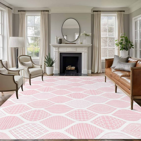 Rectangle Area Rugs 8 x 10 Ft, Pink Geometric Non-Slip Residential Carpet, Morocco Modern Simple Abstract Aesthetic Indoor Crawling Mats Runner Rugs for Living Room/Dining Room/Bedroom