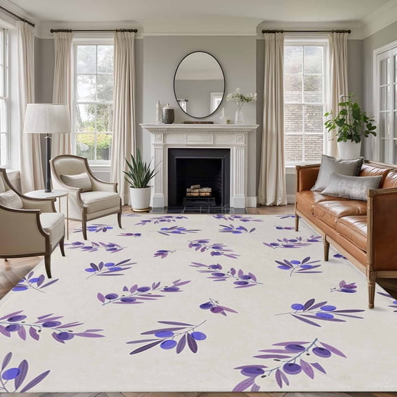 Rectangle Area Rugs 8 x 10 Ft, Purple Olive Leaves Non-Slip Residential Carpet, Spring Pastoral Branches Plants Beige Indoor Crawling Mats Runner Rugs for Living Room/Dining Room/Bedroom