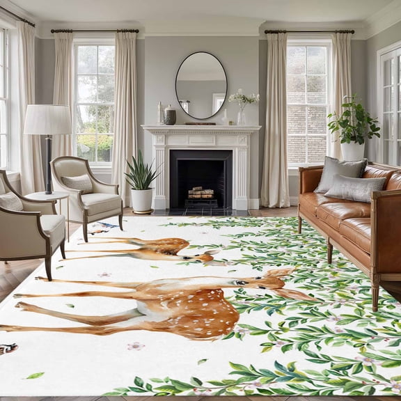 Rectangle Area Rugs 8 x 10 Ft, Spring Botanical Non-Slip Residential Carpet, Watercolor Leaves Deers Birds Country Indoor Crawling Mats Runner Rugs for Living Room/Dining Room/Bedroom