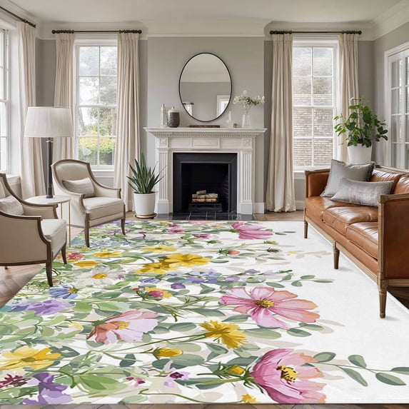 Rectangle Area Rugs 8 x 10 Ft, Spring Floral Non-Slip Residential Carpet, Watercolor Flower Eucalyptus Leaves Botanical Indoor Crawling Mats Runner Rugs for Living Room/Dining Room/Bedroom