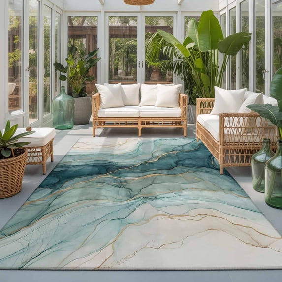 Rectangle Area Rugs 8 x 10 Ft, Teal Yellow Marble Non-Slip Residential Carpet, Modern Ink Painting Abstract Art Indoor Crawling Mats Runner Rugs for Living Room/Dining Room/Bedroom