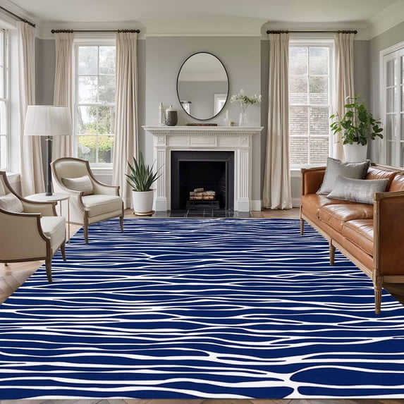 Rectangle Area Rugs 8 x 10 Ft, Vintage Wave Lines Non-Slip Residential Carpet, Classic Minimalist Striped Navy Blue Indoor Crawling Mats Runner Rugs for Living Room/Dining Room/Bedroom