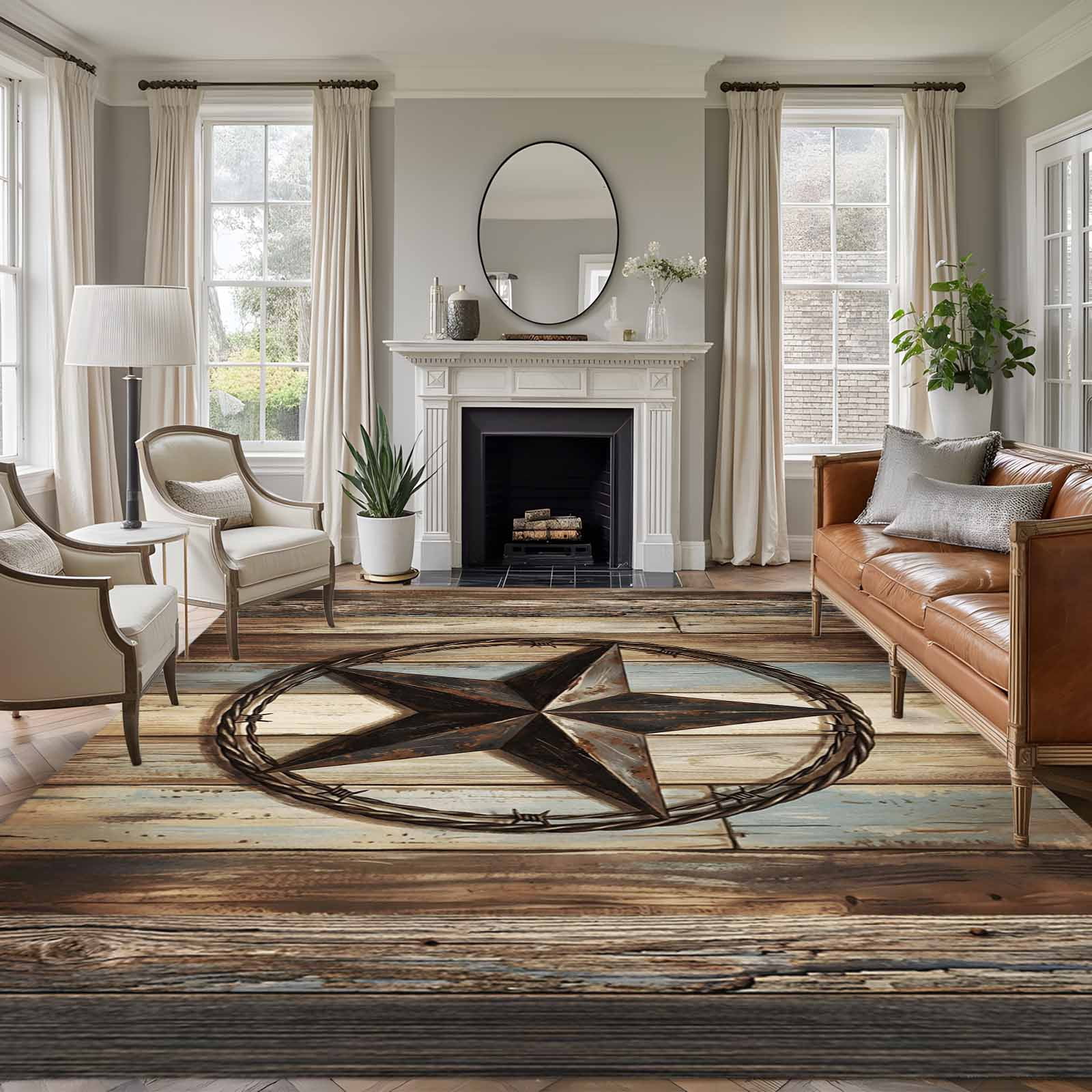 Rectangle Area Rugs 8 x 10 Ft, Western Texas Star Retro Non-Slip Residential Carpet, Rustic Farmhouse Wooden Brown Indoor Crawling Mats Runner Rugs for Living Room/Dining Room/Bedroom