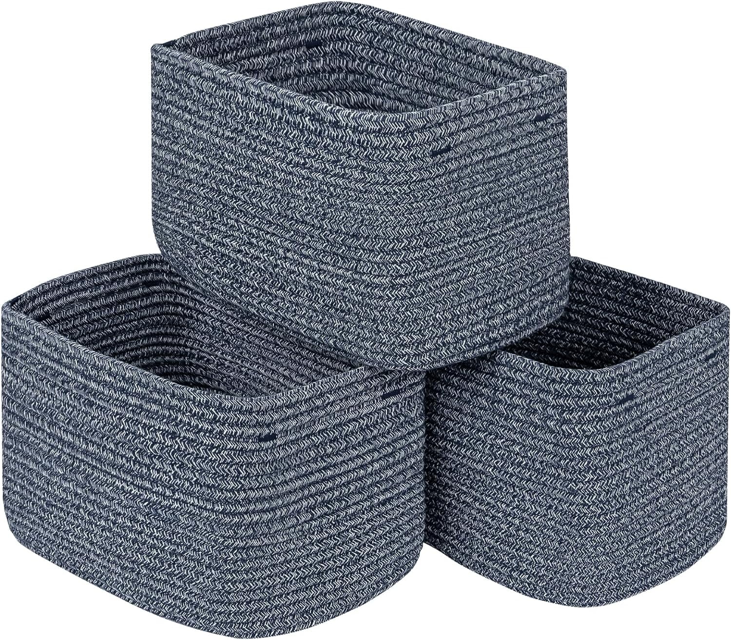 Navy Blue Cotton Rope Rectangular Storage Baskets with Handles, Set of 3