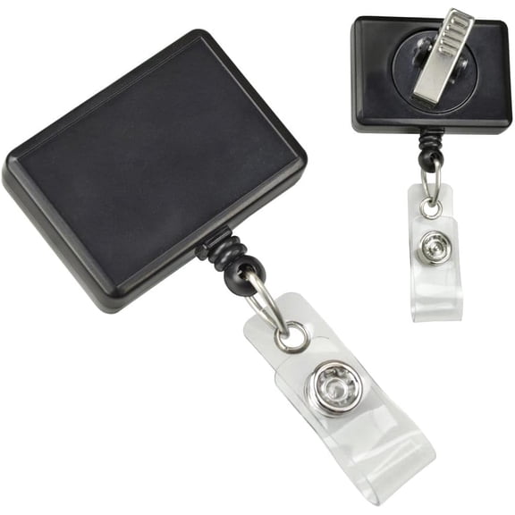 Rectangle Badge Reel with Swivel Alligator Clip - Large Face for Custom Designs - Heavy Duty Retractable Rectangle ID Holder for Nurses, Teachers & DIY Crafters (Black)