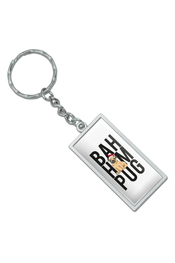 Rectangle Bah Hum Pug Keychain in Chrome Plated Metal