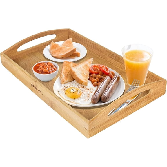 Rectangle Bamboo Butler Serving Tray with Handles - Bed Trays for Eating Breakfast