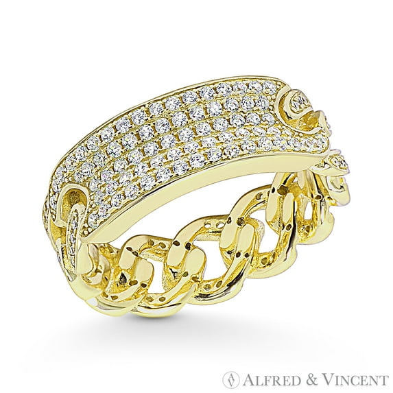 Rectangle Bar & Cuban / Curb Link Chain Cubic Zirconia CZ Crystal Micro-Pave Chain Ring in .925 Sterling Silver w/ 14k Yellow Gold