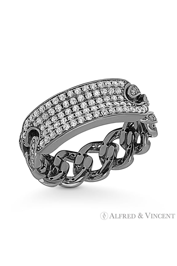 Rectangle Bar & Cuban / Curb Link Chain Cubic Zirconia CZ Crystal Micro-Pave Chain Ring in .925 Sterling Silver w/ Black Rhodium