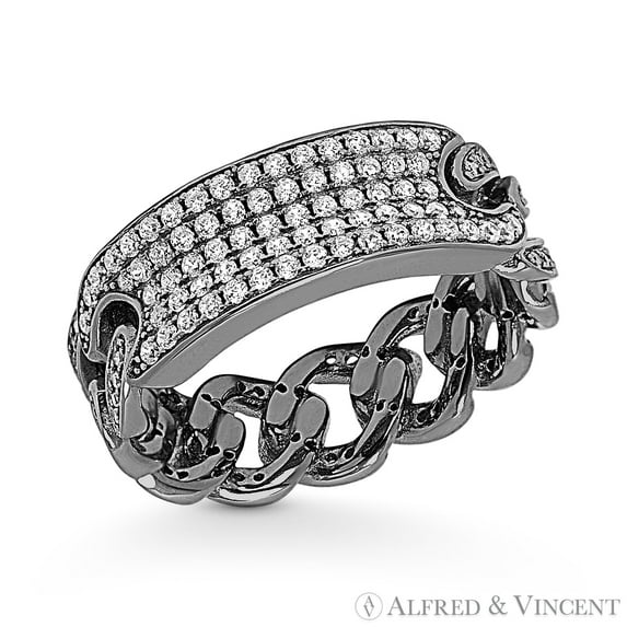 Rectangle Bar & Cuban / Curb Link Chain Cubic Zirconia CZ Crystal Micro-Pave Chain Ring in .925 Sterling Silver w/ Black Rhodium