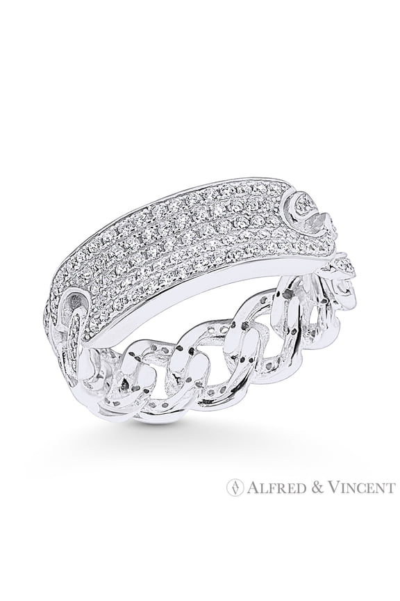 Rectangle Bar & Cuban / Curb Link Chain Cubic Zirconia CZ Crystal Micro-Pave Chain Ring in .925 Sterling Silver w/ Rhodium