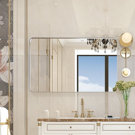 Rectangle Bathroom Mirror 40x30 inch Fireproof Waterproof Beveled Edge Design Rounded Corner Wall Mounted Vanity Mirror