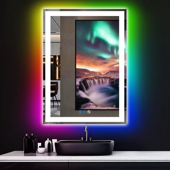 Rectangle Bathroom RGB 20" x 30" Mirror with Front Lights Rainbow Color + 3 Color Changing Light Led Backlit Lighted Mirror for Bathroom Makeup 30" Vanity Digital LED Mirrors