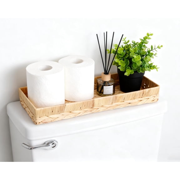 Rectangle Bathroom Tray, 16" Bathroom Over Toilet Tank, Water Hyacinth Wicker Basket for Bathroom Counter Long Narrow Hand Towel Storage Basket for Home Decor, Rattan Yellow