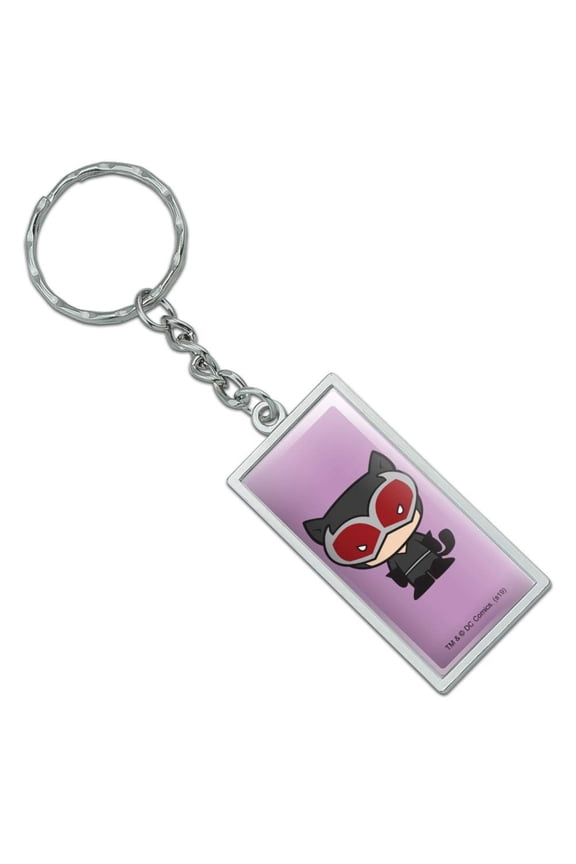 Rectangle Batman Catwoman Cute Chibi Character Keychain in Chrome Plated Metal