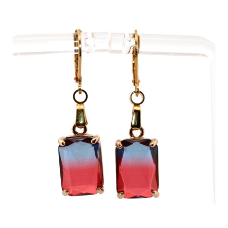 Rectangle Bi-colored Red & Blue Tourmaline Gold Dangle Earrings 313