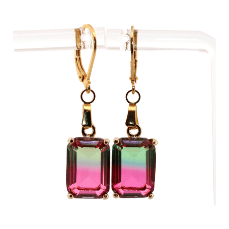 Rectangle Bi-colored Watermelon Tourmaline Gold Dangle Earrings 312
