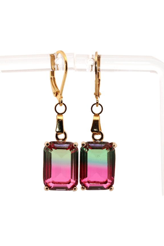 Rectangle Bi-colored Watermelon Tourmaline Gold Dangle Earrings 312