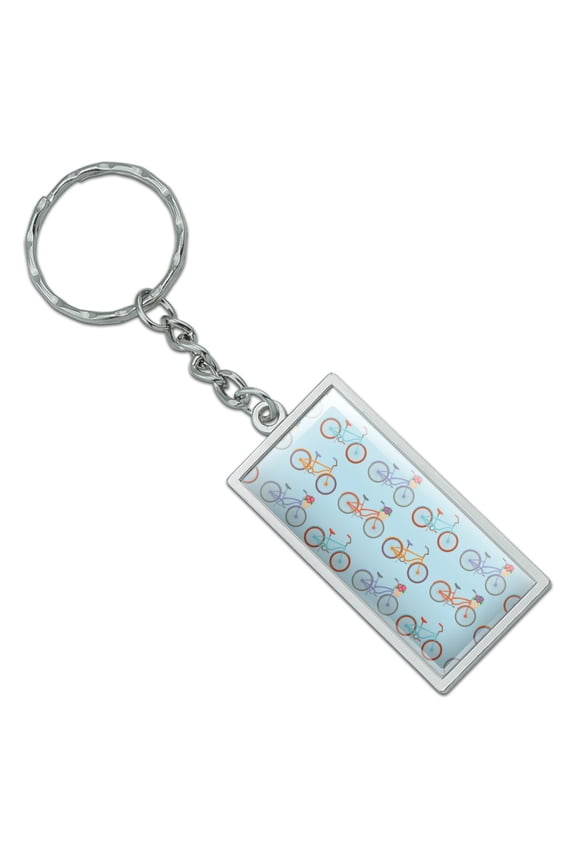 Rectangle Bicycle and Bikes Pattern Keychain in Chrome Plated Metal