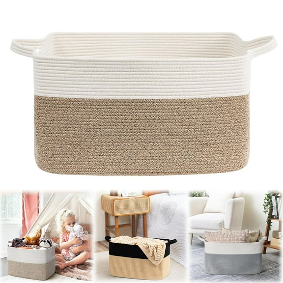 Rectangle Blanket Woven Storage Basket, 50L Large Decorative Basket Living Room, Storage Bin with Handle, Woven Rope Hamper for Toy Organizing & Laundry